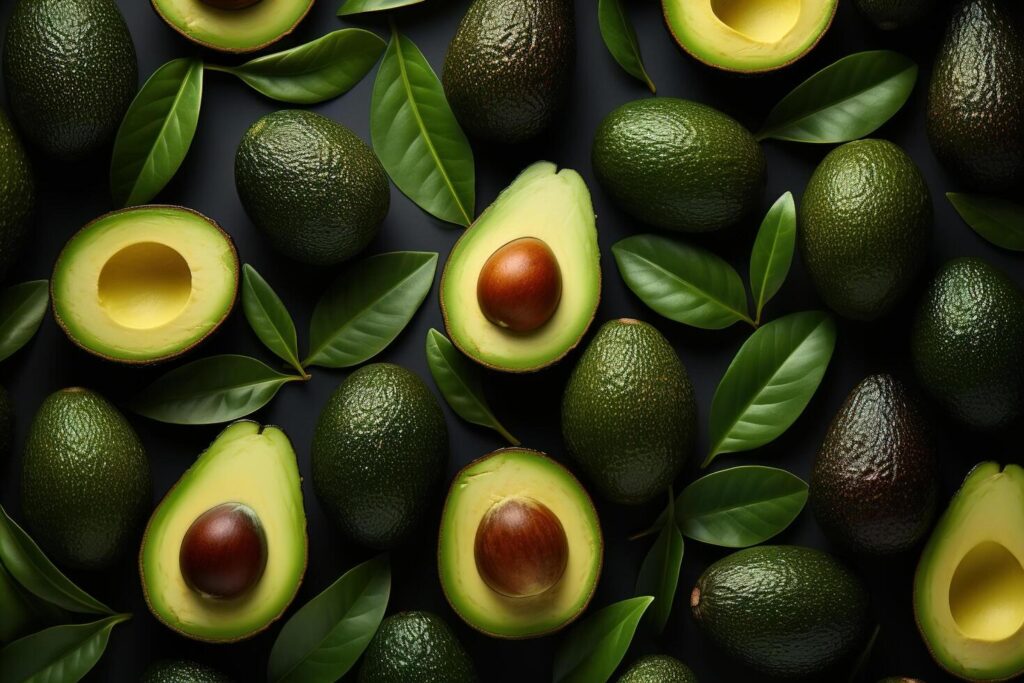 ai-generated-avocado-pattern-top-view-green-fresh-tropical-fruit-on-a-dark-background-free-photo