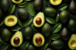 ai-generated-avocado-pattern-top-view-green-fresh-tropical-fruit-on-a-dark-background-free-photo